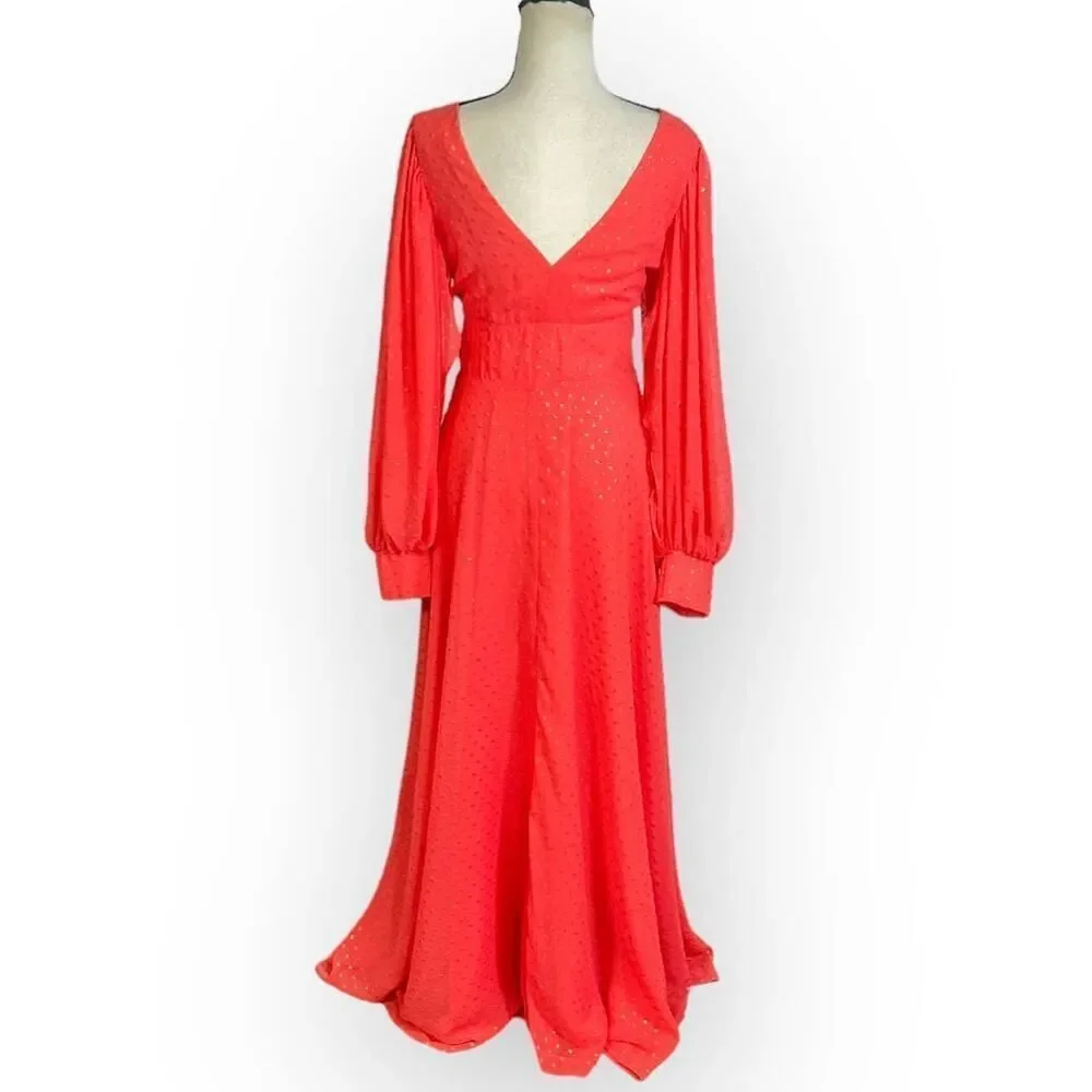 Kimberly Goldson Lesli Clip Dot Long Sleeve Maxi Dress Women's XS Coral NWOT